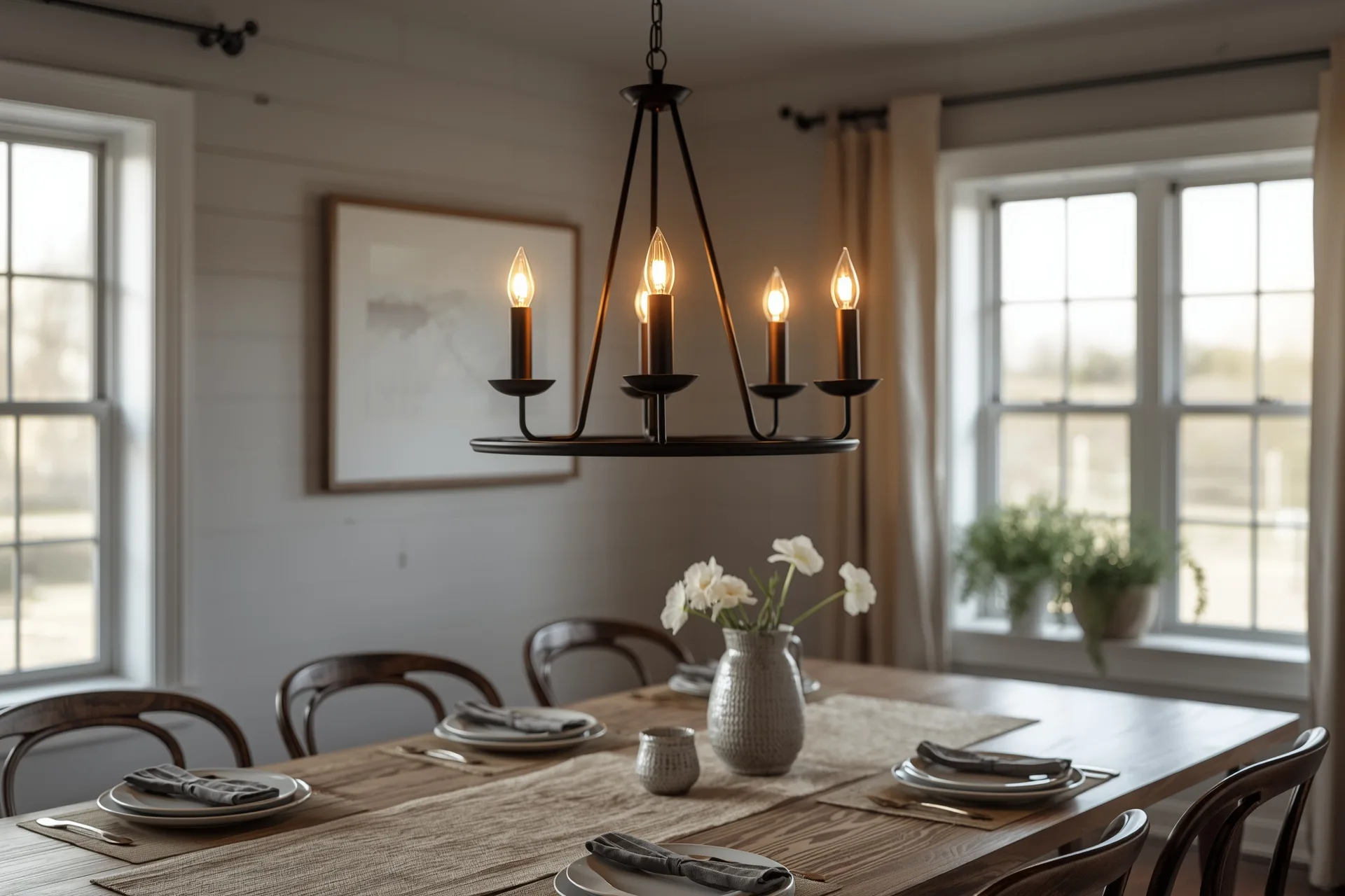 Black candle-style chandelier hung low over a set harvest table, gathering it into a warm pool of light by shiplap walls